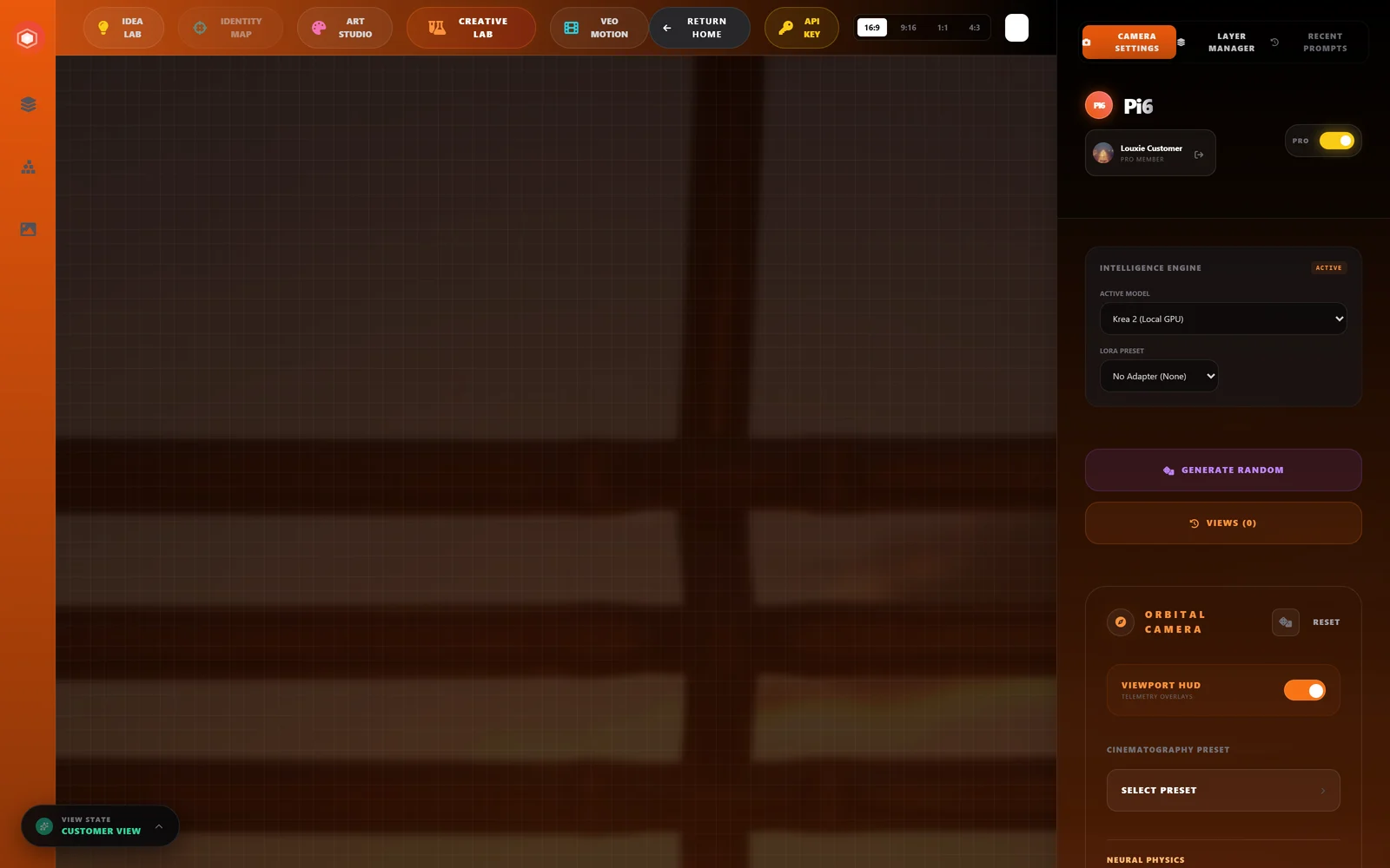 The ArtPi6 app container (not the marketing site) with a top bar for Idea Lab, Identity Map, Art Studio, Creative Lab and Veo Motion, an Orbital Camera panel with viewport HUD and cinematography presets, and an Intelligence Engine panel with Krea 2 selected as the local GPU model.