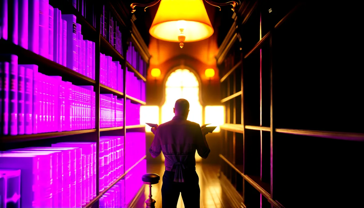 A library hall with one shelf full of glowing books and one empty, and a librarian holding two index cards that point different ways.