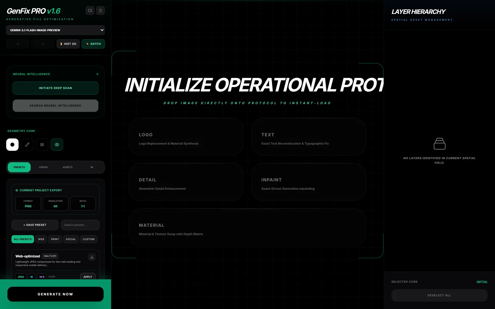 The GenFix sidebar scrolled to its Presets tab, showing the current project export at PNG, 4K and 1:1, a Save Preset button, Web, Print, Social and Custom filters, and a Web-optimized preset card.